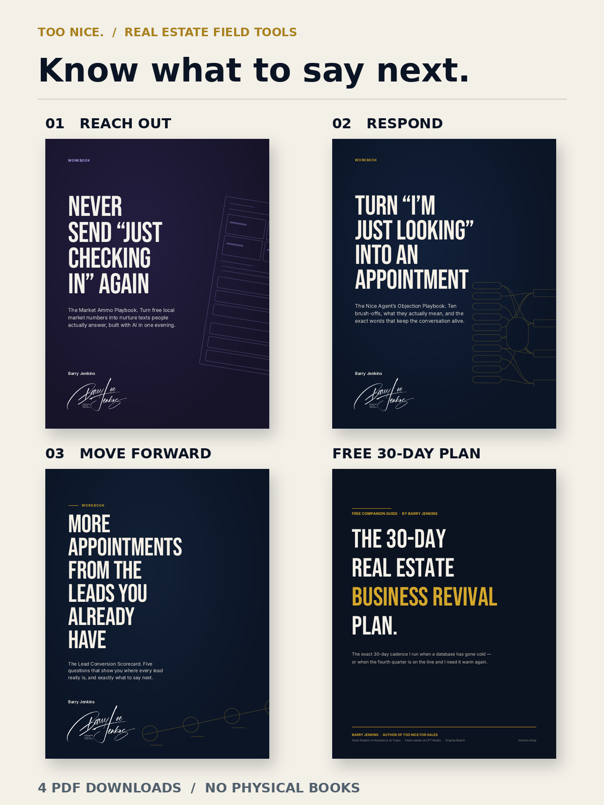 Real estate follow-up toolkit: the Market Ammo, Objection and Lead Conversion workbooks, plus the free 30-Day Business Revival Plan. Four PDF downloads, not physical books.